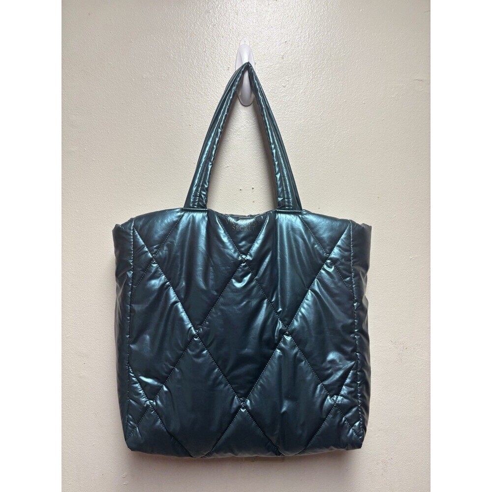 Victoria's Secret Large Tote Bag 14x15" Puffer Quilted Metallic TEAL GREEN EUC - Picture 2 of 6